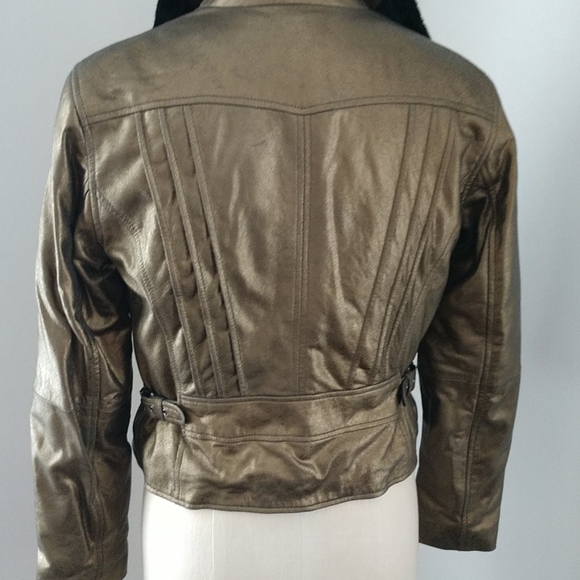 PR NWT@$699 PRICE REDUCEDx2 BurnishedGold LEATHER MotoJacket RemvblFauxFurCollar - Picture 4 of 8